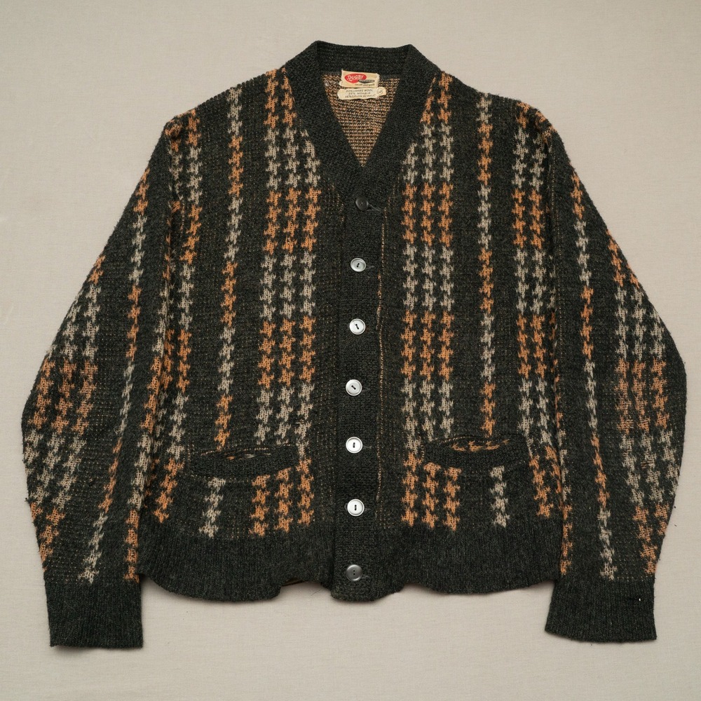 Vintage 50s 60s Rugby Sportswear Mohair Blend Knit Multicolor Pattern Cardigan L